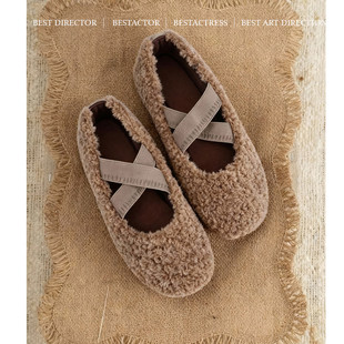 法式小众复古风羊毛单鞋女加绒冬天办公室舒适百搭交叉绑还平跟
