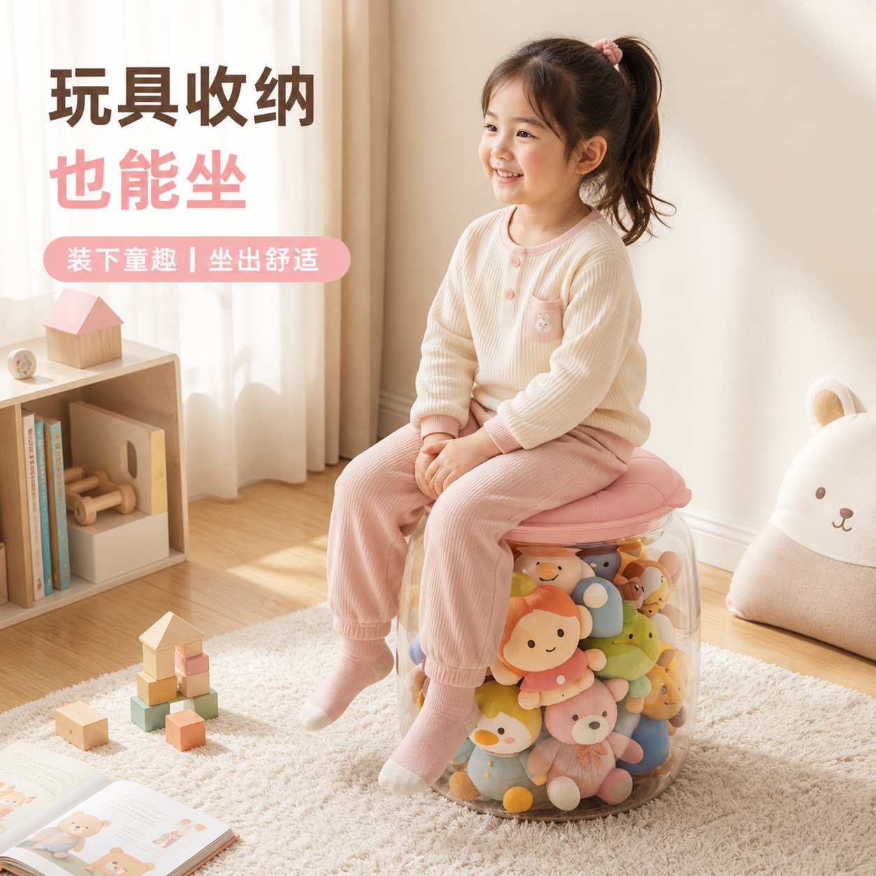 透明收纳凳子娃娃收纳桶儿童毛绒玩具收纳神器玩偶储物凳可坐换鞋