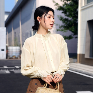 春秋洋气木耳花边立领大码法式天丝衬衫女时尚气质荷叶边上衣小衫