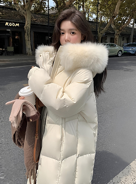 白色90白鹅绒2025新款冬羽绒服女中长款过膝时尚洋气宽松连帽外套