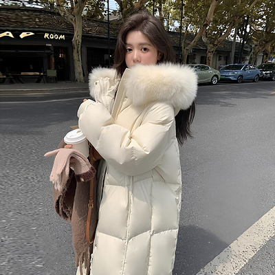 白色90白鹅绒2025新款冬羽绒服女中长款过膝时尚洋气宽松连帽外套