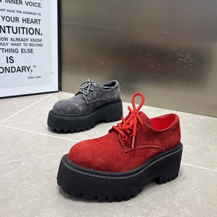 7cm小个子增高得比鞋女2026新款真皮系带厚底松糕单鞋尖头小皮鞋