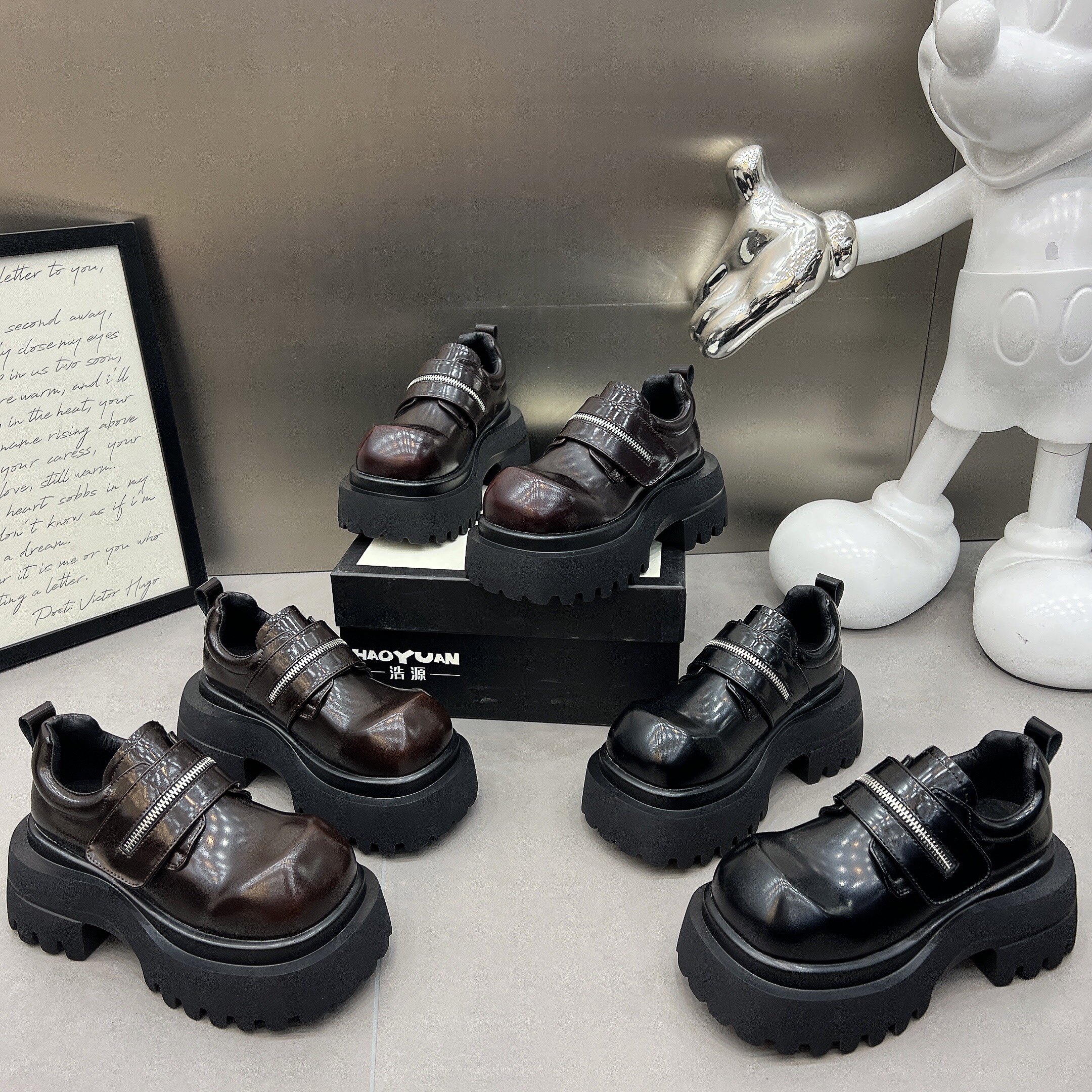 欧货真皮厚底松糕乐福鞋女2026新款魔术贴7cm增高小个子低帮单鞋