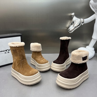 磨砂真皮两穿毛口短靴女鞋2025新款加绒马丁靴保暖棉鞋中筒雪地靴