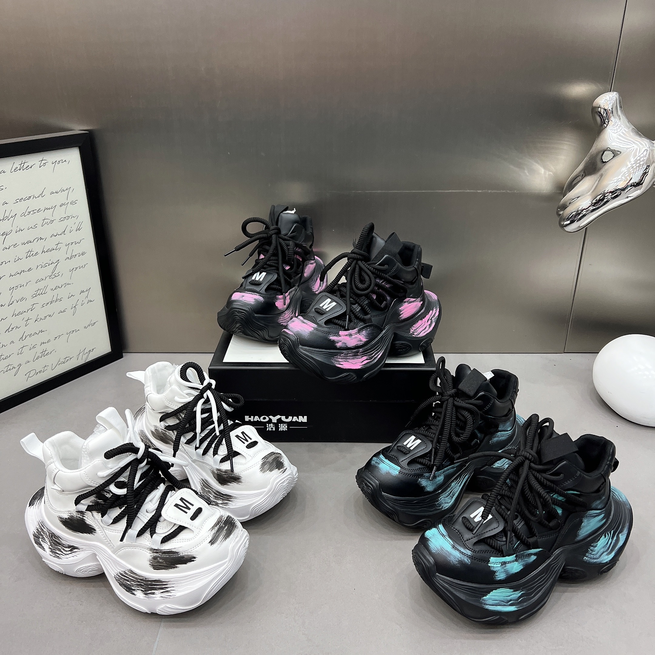 欧货2025新款涂鸦喷绘厚底老爹鞋女小个子增高系带休闲鞋高帮鞋女