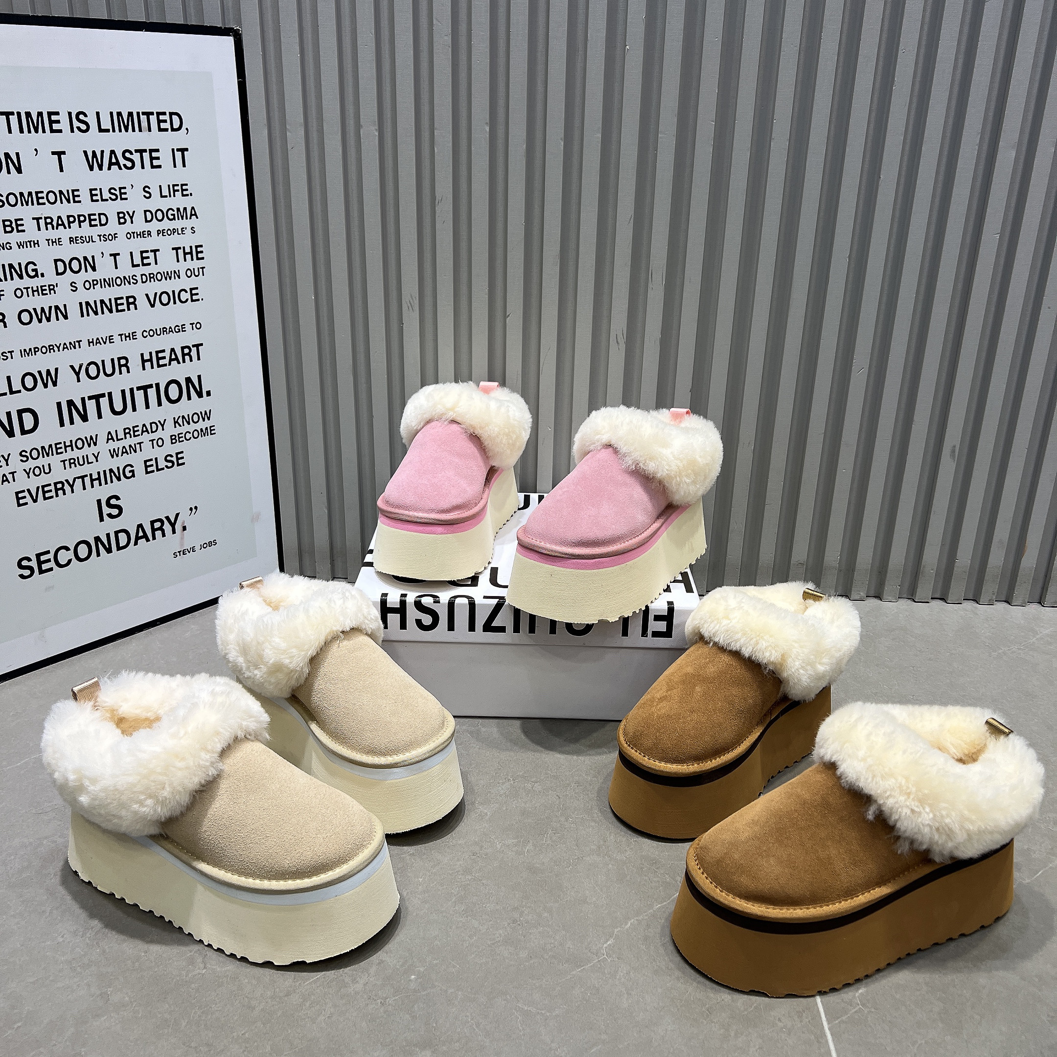 7cm厚底松糕雪地靴女2026新款磨砂皮真毛口加绒保暖棉鞋粉色短靴