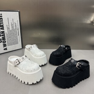 拖 皮带扣透气网面凉鞋 8cm厚底松糕蕾丝网面包头半拖鞋 女2026新款