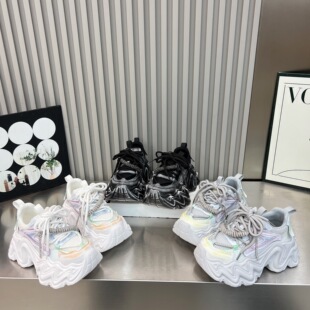 女 拼色透气厚底松糕7cm休闲运动鞋 水钻网面系带老爹鞋 女2026新款