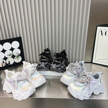 水钻网面系带老爹鞋女2026新款拼色透气厚底松糕7cm休闲运动鞋女