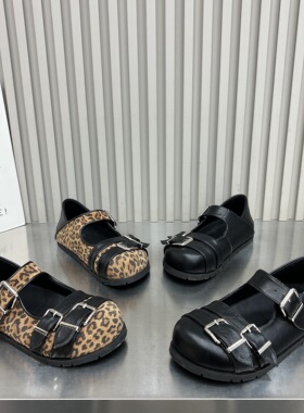 欧货2026新款豹纹玛丽珍鞋女3cm厚底内增高单鞋两穿皮带扣低帮鞋