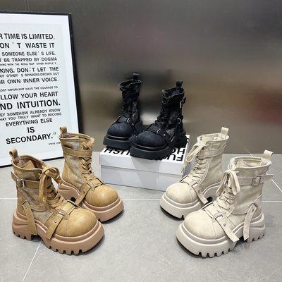 马丁靴女2025新款真皮拼接布面厚底松糕绑带休闲机车靴小个子短靴