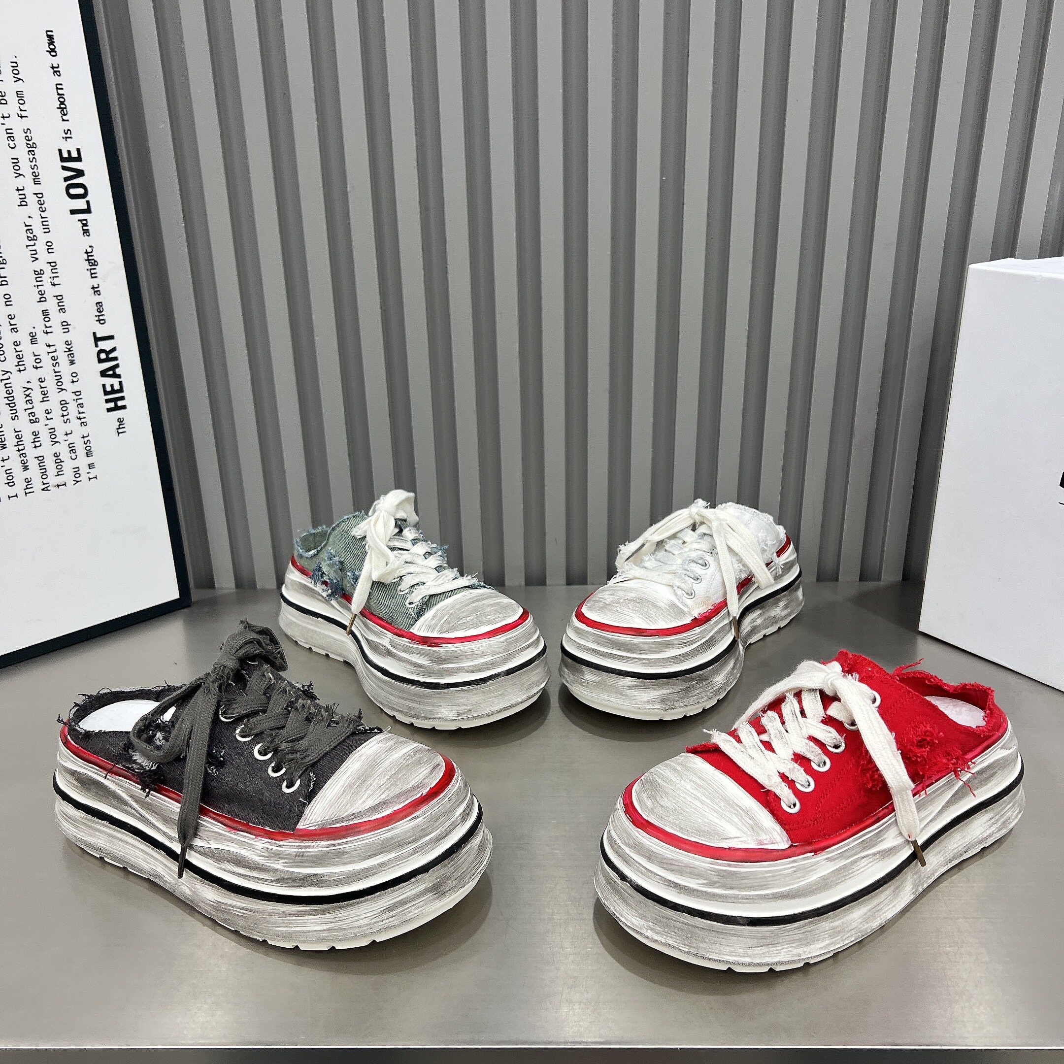 做旧厚底破洞帆布包头半拖鞋女2026新款圆头系带7cm增高休闲鞋拖