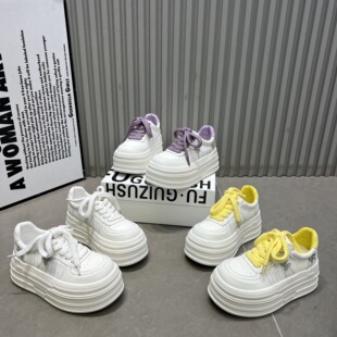 7cm圆头增高单鞋 厚底松糕小白鞋 女 女2026新款 镂空网面系带休闲鞋