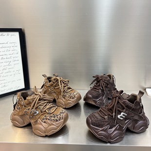 运动休闲鞋 厚底6cm松糕系带单鞋 女2026新款 欧货磨砂皮豹纹老爹鞋