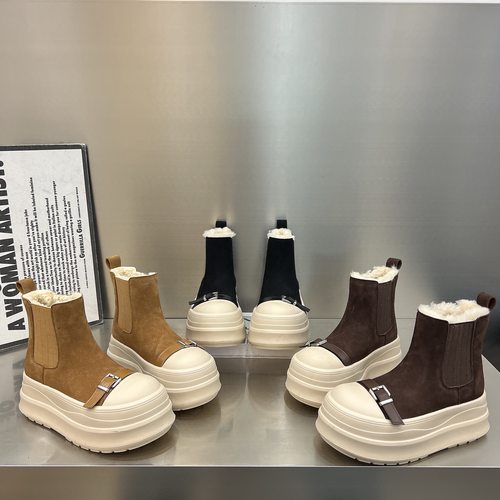 加绒马丁靴女2025新款磨砂真皮羊毛口厚底松糕皮带扣短靴保暖棉鞋