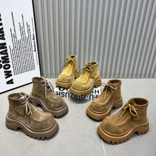 厚底高帮鞋女鞋2025新款真皮磨砂皮系带休闲鞋小个子7cm增高短靴