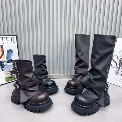 大头裤管靴女2025新款厚底皮带扣套筒马丁靴短靴高筒靴不过膝长靴