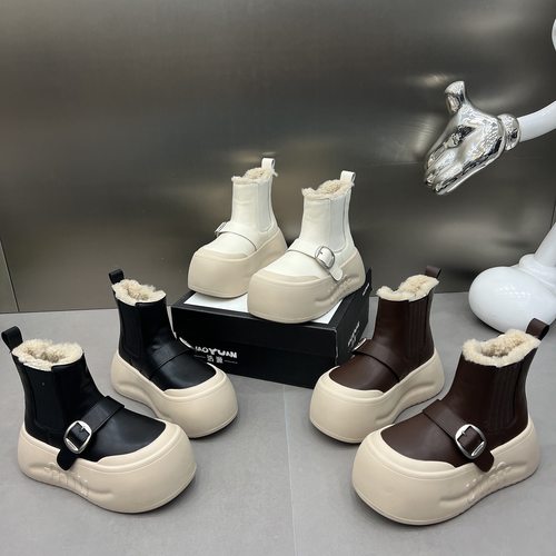大头皮带扣加绒短靴女鞋2025新款真皮厚底6cm套筒马丁靴保暖棉鞋