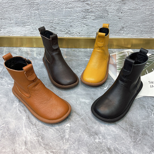 纯皮平底短靴女2024新款牛皮平底圆头侧拉链马丁靴软皮软面单靴女