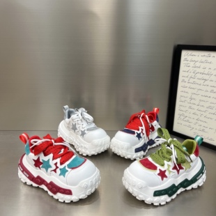 欧货真皮撞色星星休闲鞋女鞋2026新款厚底松糕大头系带时尚老爹鞋