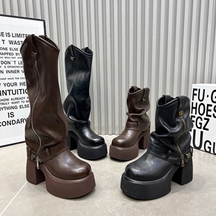 厚底9cm超高跟套筒短靴不过膝长靴超轻高筒靴 2025新款 裤 管靴女鞋