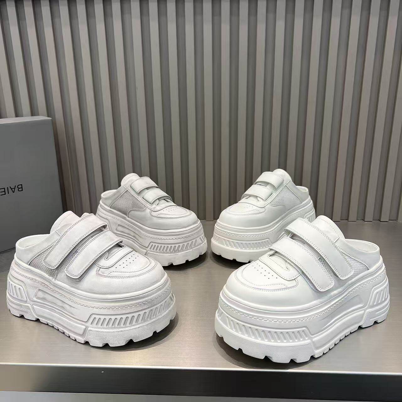 真皮做旧包头半拖鞋女2026新款7cm厚底松糕魔术贴休闲鞋拖小白鞋