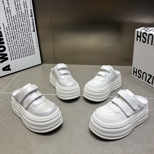 真皮魔术贴包头半拖鞋女2926新款7cm厚底松糕休闲小白鞋穆勒鞋女