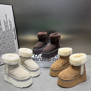 磨砂真皮雪地靴女2025新款 真羊毛口水钻厚底8cm松糕短靴保暖棉鞋