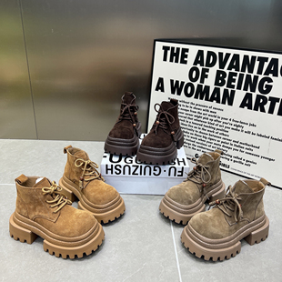 8cm厚底粗跟高帮鞋 磨砂皮系带马丁靴小个子休闲短靴女 女2025新款