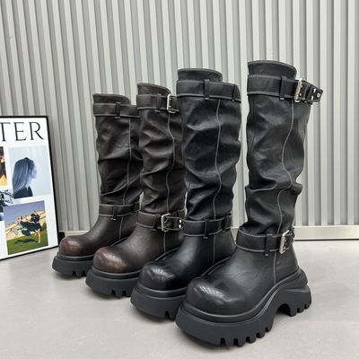 皮带扣堆堆瘦瘦靴2025新款厚底松糕不过膝长靴骑士靴时尚马丁靴女
