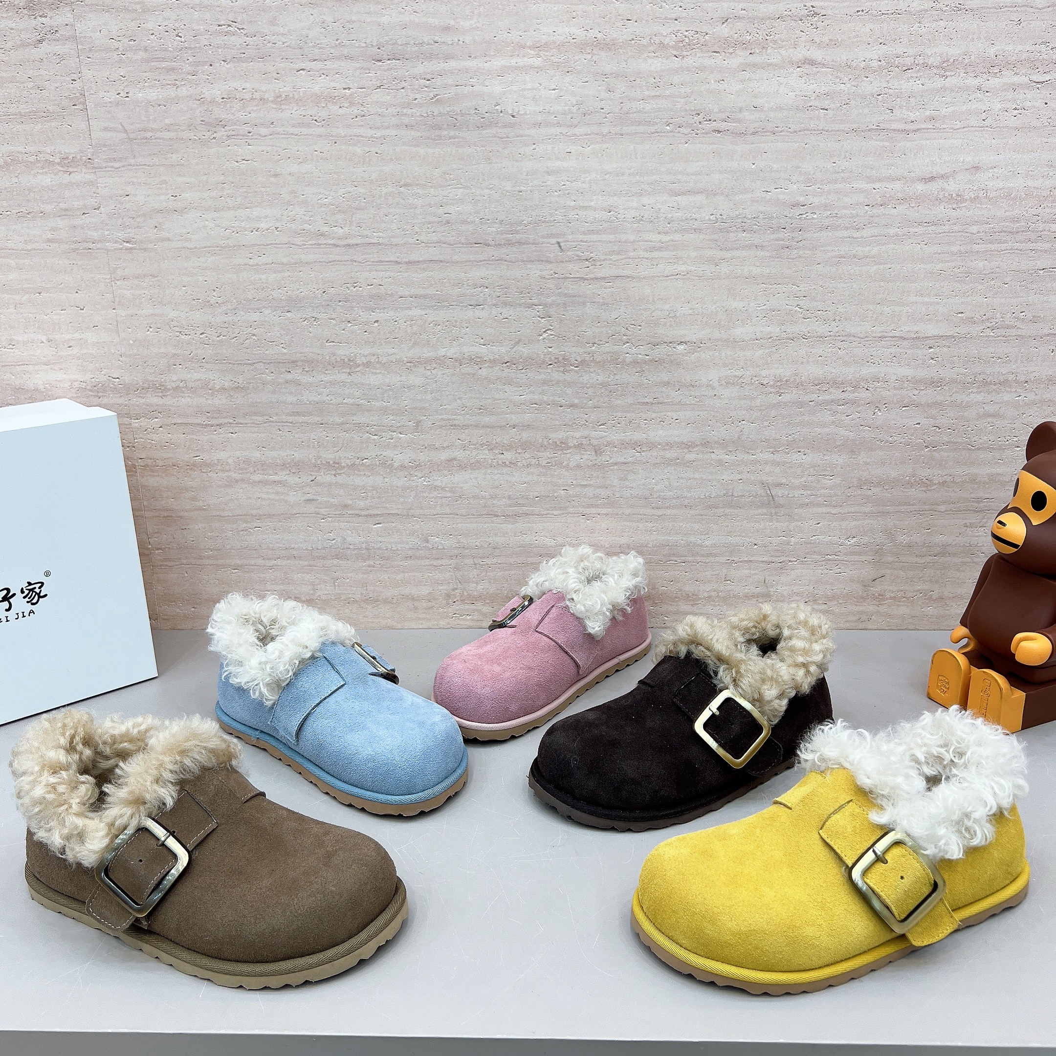 2025新款冬季磨砂皮加绒保暖卷卷毛厚底大头棉鞋毛毛鞋勃肯鞋女鞋