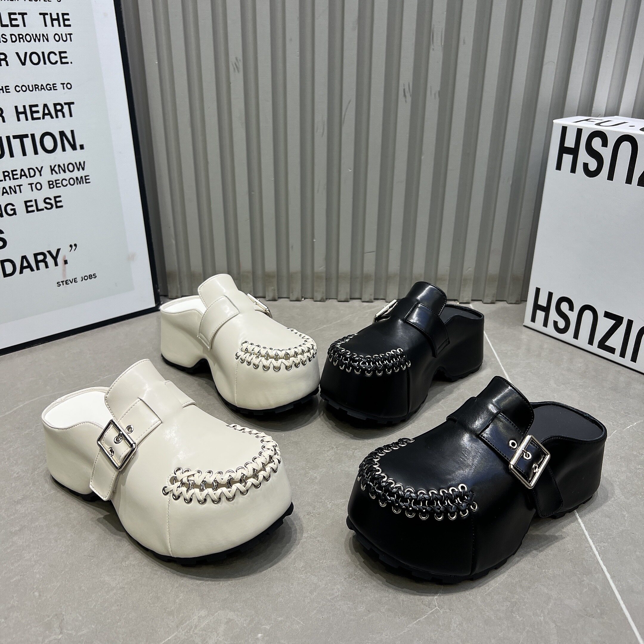 6cm厚底内增高包头半拖鞋女2026新款皮带扣圆头勃肯鞋懒人休闲鞋