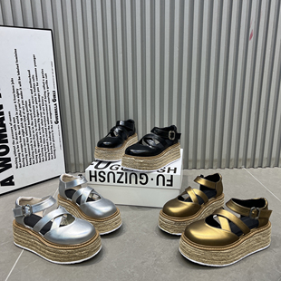 亚麻厚底松糕罗马凉鞋女2026新款金属色6cm增高玛丽珍鞋小皮鞋女