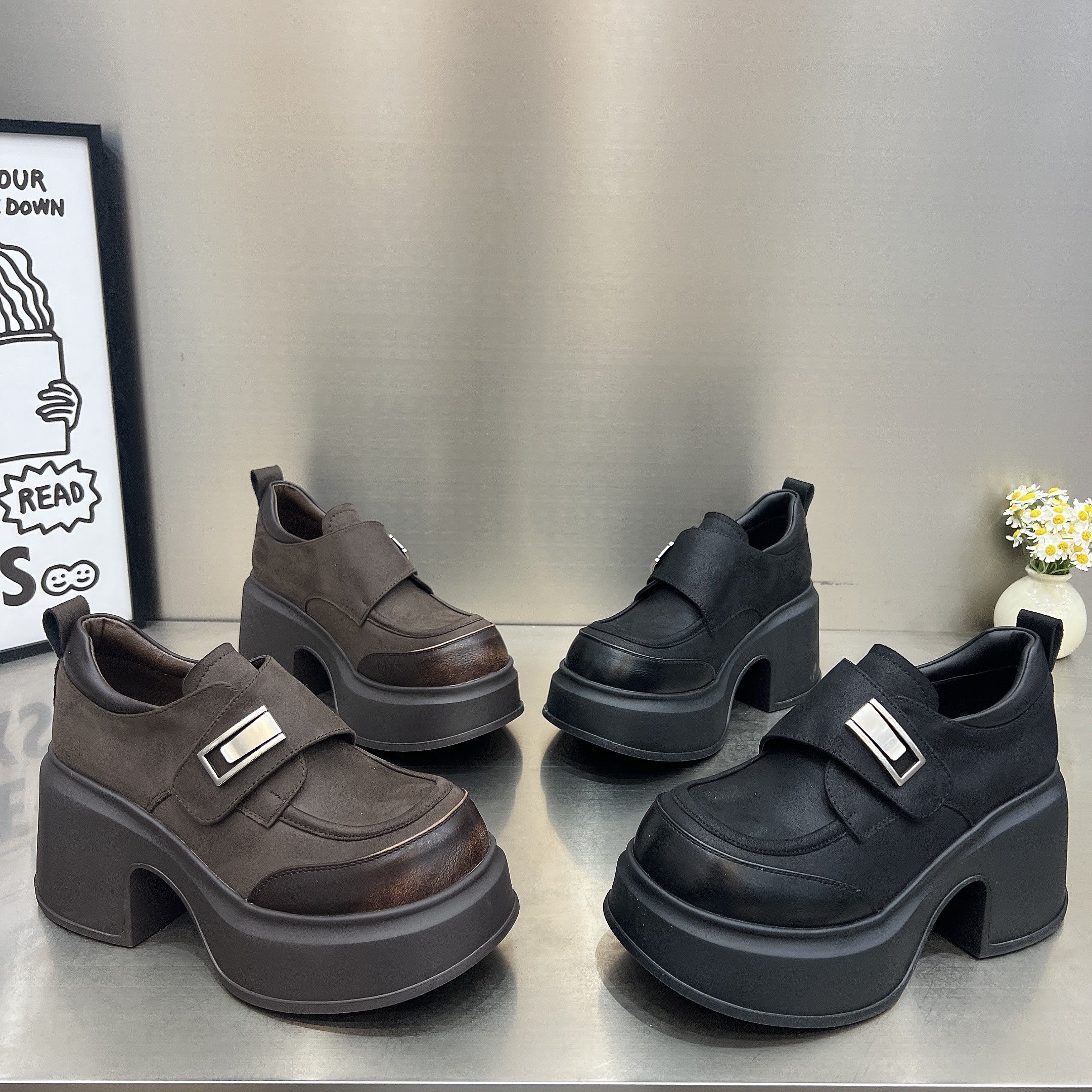 欧货真皮超轻厚底粗跟乐福鞋女2026新款魔术贴8cm小个子低帮单鞋,女鞋,深口单鞋,淘宝优惠券,粉丝福利购,淘宝优惠卷