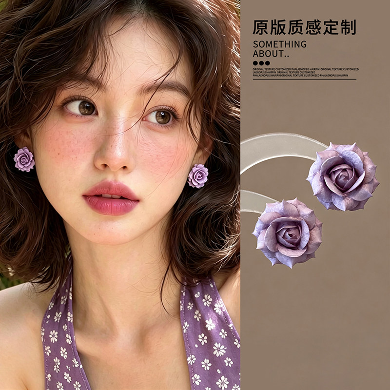 诗雁立体玫瑰耳钉粉色小巧百搭