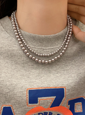 法式复古灰珍珠项链女