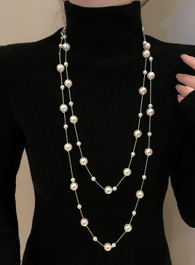 长款项链多层叠带珍珠毛衣链女