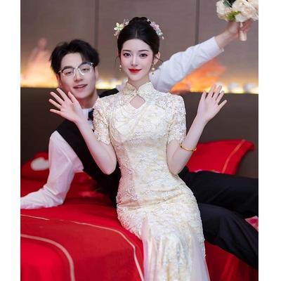 订婚旗袍女夏季2025新款香槟色敬酒服新娘新中式高级感鱼尾礼服裙