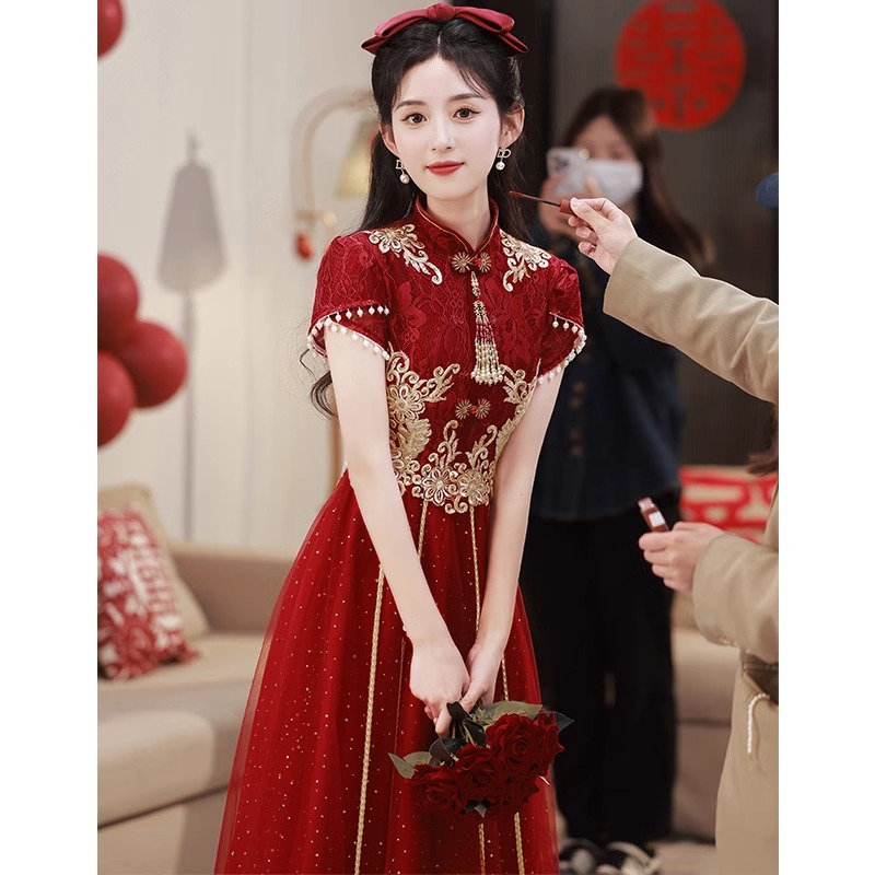 旗袍敬酒服新娘2025新款高级感中式酒红色订婚礼服裙小个子回门服