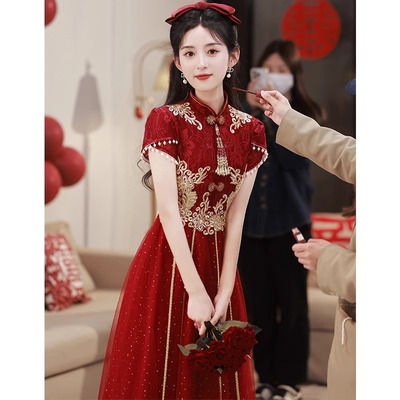 旗袍敬酒服新娘2025新款高级感中式酒红色订婚礼服裙小个子回门服