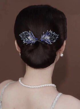 精致优雅蓝色羽毛盘发器女丸子头卷发神器女后脑勺发夹扭扭夹头饰