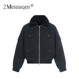 2Messages 美式复古工装飞机扣立领工装夹克男女宽松加绒保暖外套