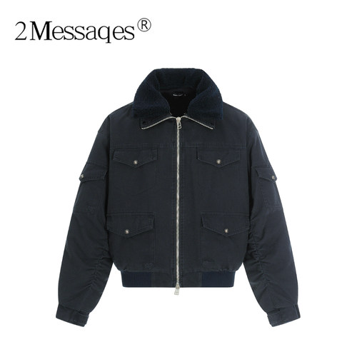 2Messages 美式复古工装飞机扣立领工装夹克男女宽松加绒保暖外套