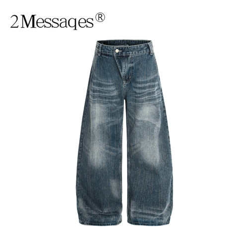 2Messages 美式复古竹节纹阔腿牛仔裤 男女宽松直筒 猫须弯刀裤