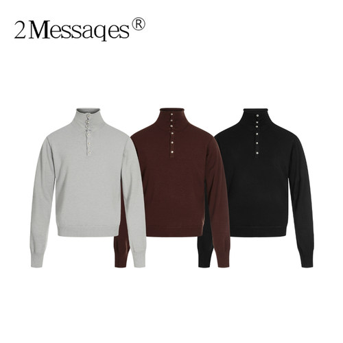 2Messages 美式复古羊毛高领毛衣男 正肩长袖秋冬保暖针织打底衫
