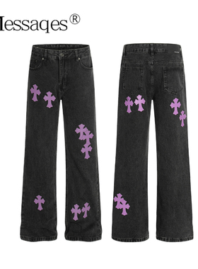 2Messages美式高街十字架贴皮牛仔裤 男士水洗做旧直筒情侣休闲裤