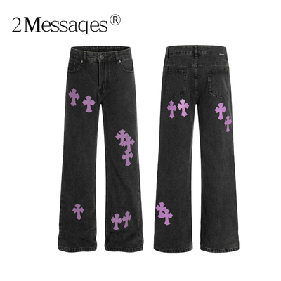 2Messages美式高街十字架贴皮牛仔裤 男士水洗做旧直筒情侣休闲裤