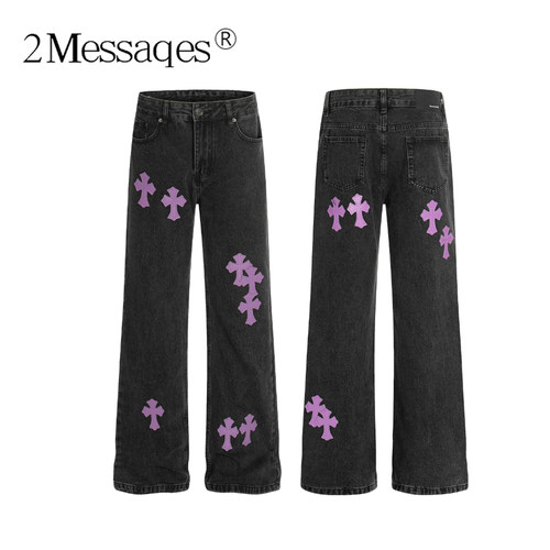 2Messages美式高街十字架贴皮牛仔裤 男士水洗做旧直筒情侣休闲裤