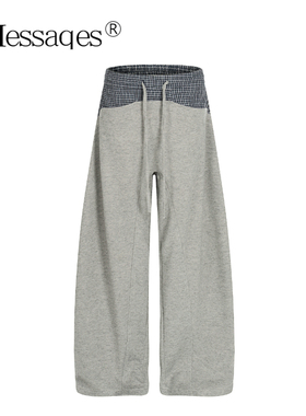 2Messages 格子拼接垂感卫裤男高腰抽绳阔腿宽松美式复古休闲裤