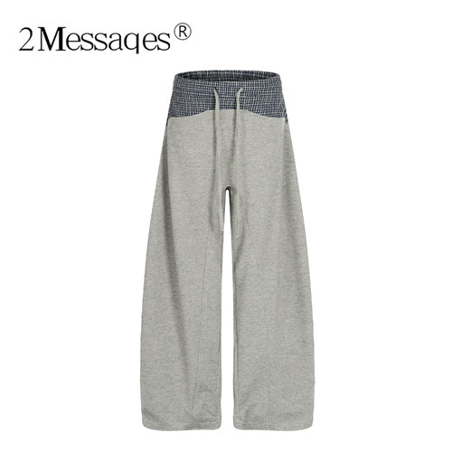 2Messages 格子拼接垂感卫裤男高腰抽绳阔腿宽松美式复古休闲裤